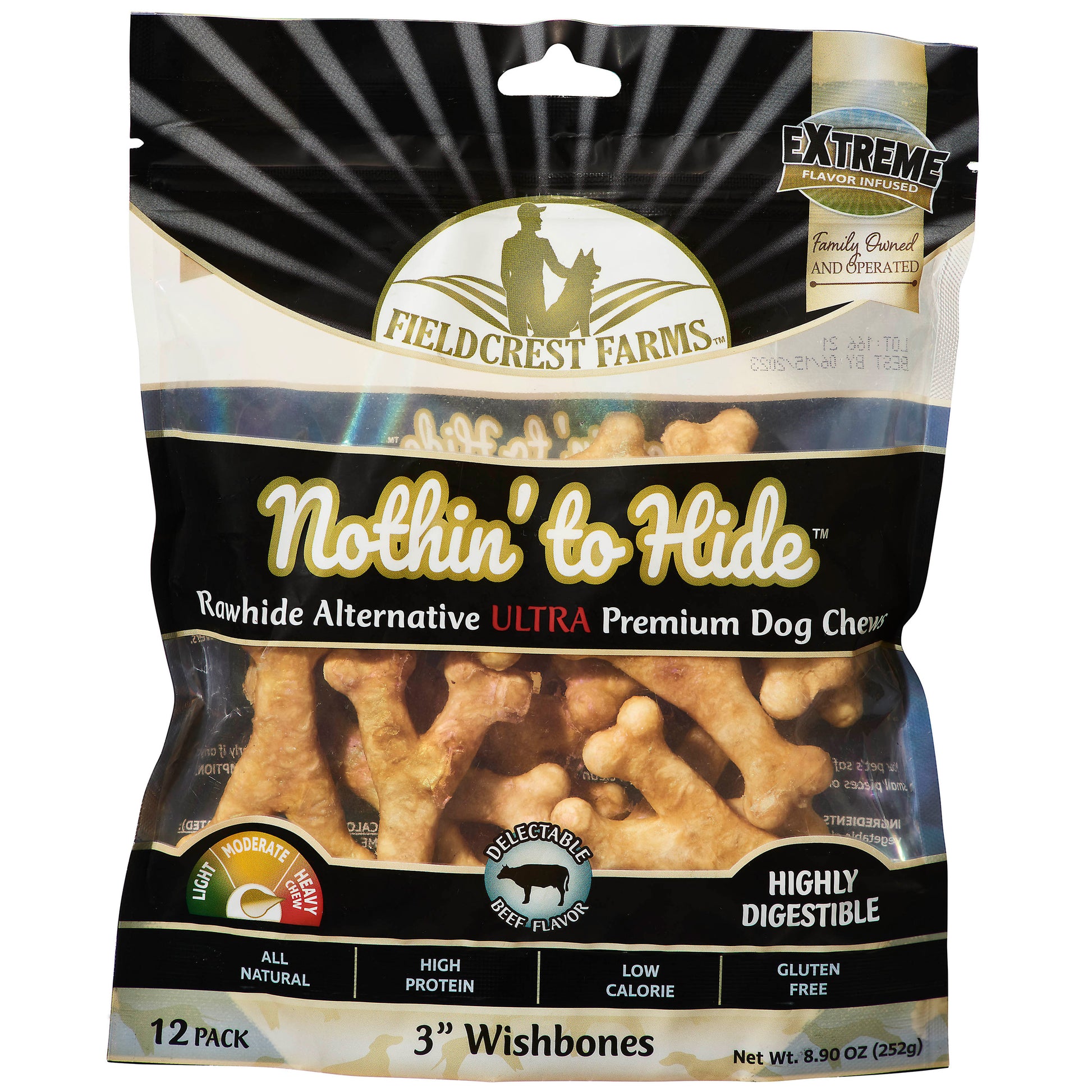 Fieldcrest Farms Nothin' To Hide Ultra Wishbone Dog Treat Beef 3 in, 12 pk 810002633027