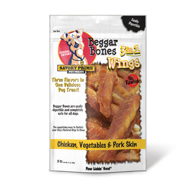 Savory Prime Beggar Bone 3in1 Wings Dog Treat Chicken, Vegetable & Pork 5 ct 810359004464