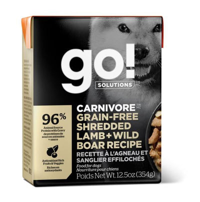 Petcurean GO! CARNIVORE Grain Free Shredded Lamb + Wild Boar Dog 12/12.5oz {L-1} 152294 815260005456