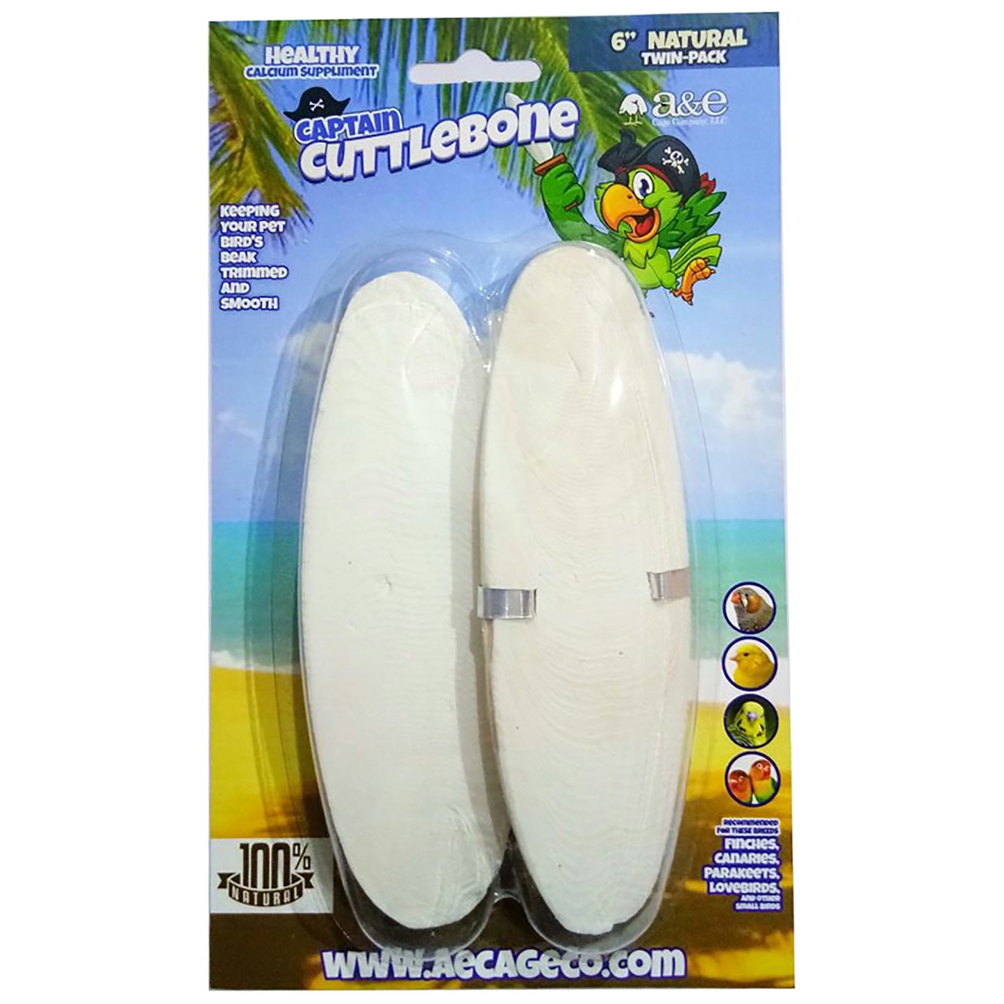A & E Cages Captain Cuttlebone Natural Bird Treat 2 pk, 6 in 644472016567