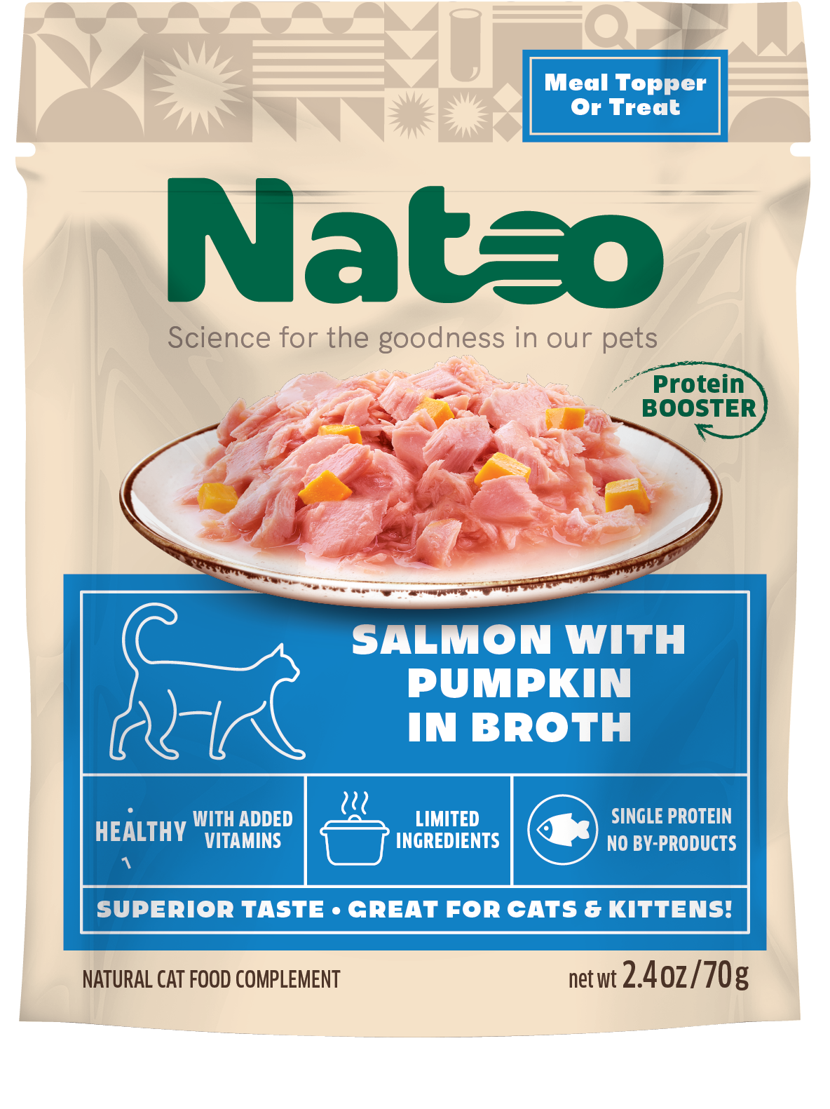 Natoo Meal Topper for Cats Salmon w/Pumpkin in Broth 20ea/2.4 oz 850039634239