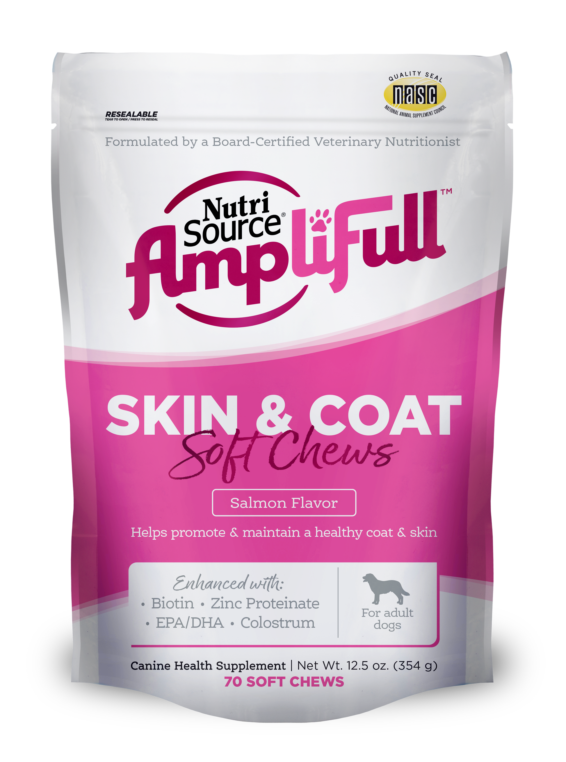 NutriSource AmpliFull Skin and Coat Soft Chews Dogs Supplement Salmon 70 ct 073893860020