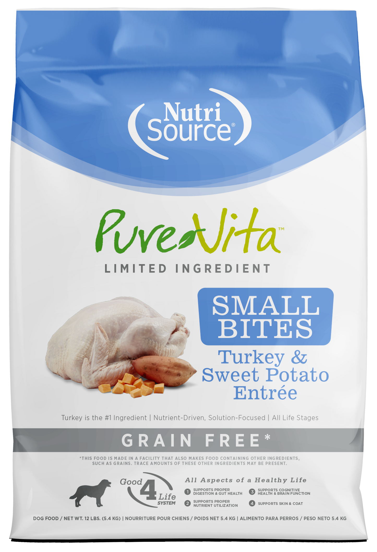 NutriSource PureVita LID Grain Free Small Bites Dry Dog Food Turkey & Sweet Potato 12 lb 073893175131
