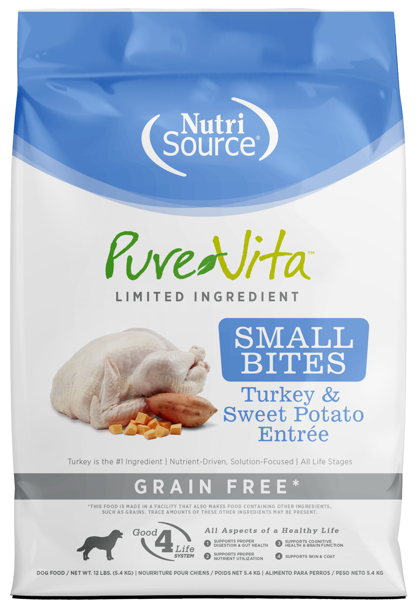 NutriSource PureVita LID Grain Free Small Bites Dry Dog Food Turkey & Sweet Potato 12 lb 073893175131