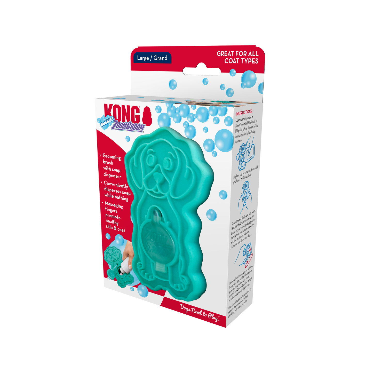 KONG ZoomGroom Bubbles Rubber Dog Grooming Brush Large 035585529011