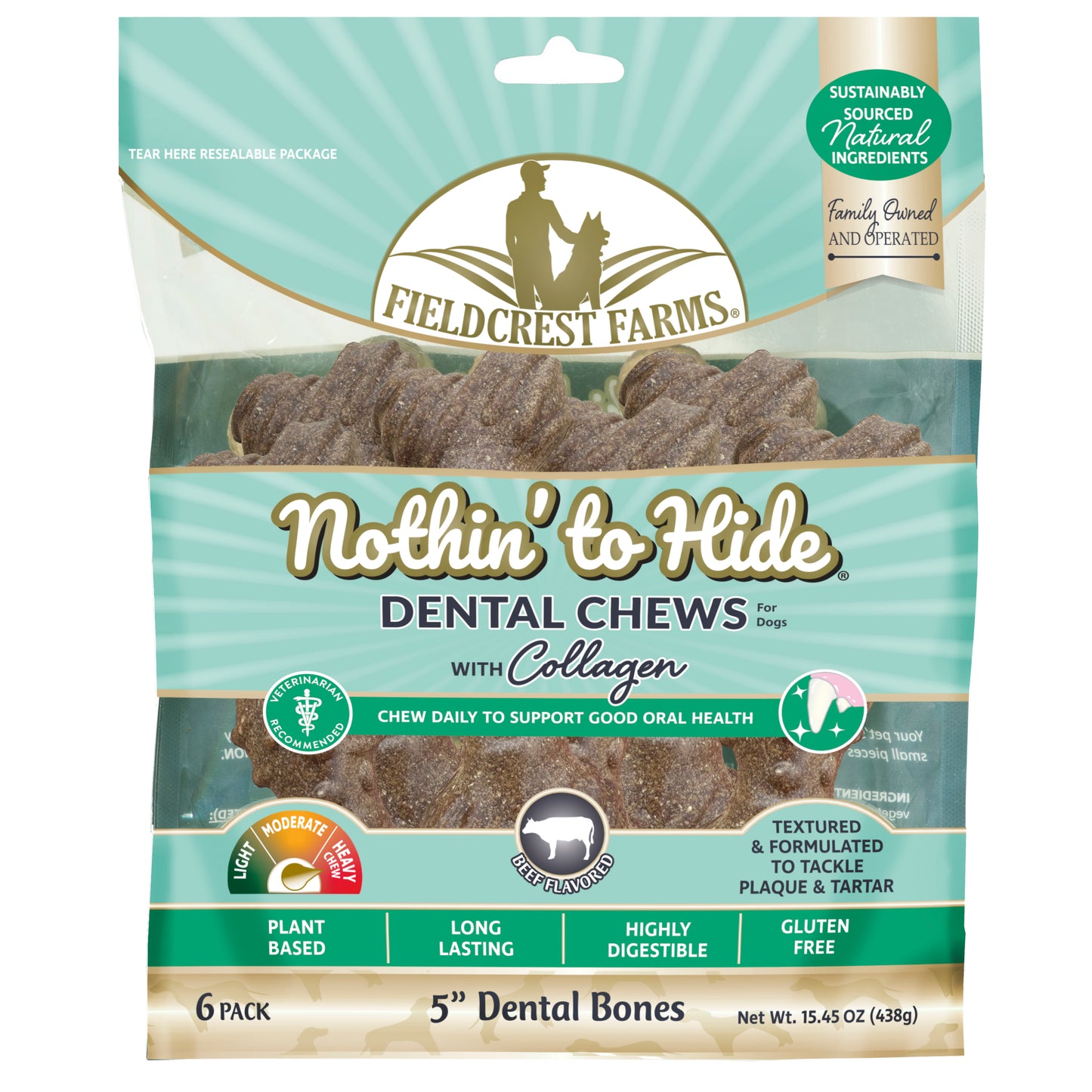 Fieldcrest Farms Nothin' to Hide Dental Bone Collagen Dog Chew Beef 5 in, 6 pk 810002633911