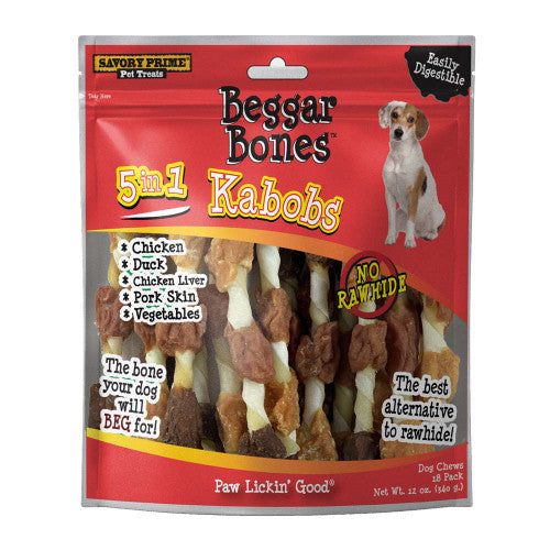 Savory Prime Beggar Bone 5 in 1 Kabobs Dog Treats 12 oz 18 pk (D)