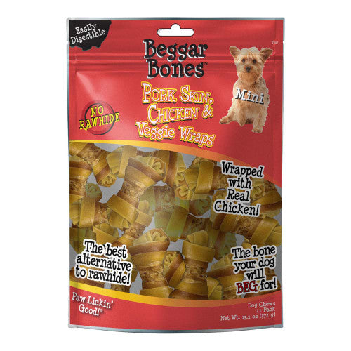 Savory Prime Beggar Bones Pork Skin Chicken & Veggie Wraps Dog Treats SM 21 pk