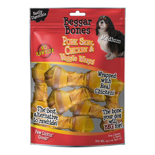 Savory Prime Beggar Bones Pork Skin Chicken & Veggie Wraps Dog Treats MD 6 pk
