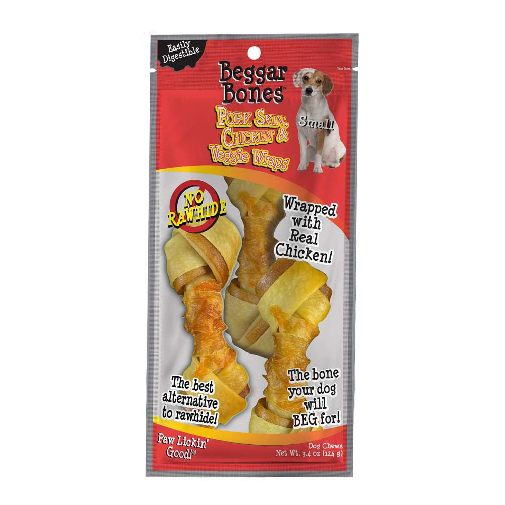 Savory Prime Beggar Bones Pork Skin, Chicken & Veggie Wraps Dog Treats SM 3 pk