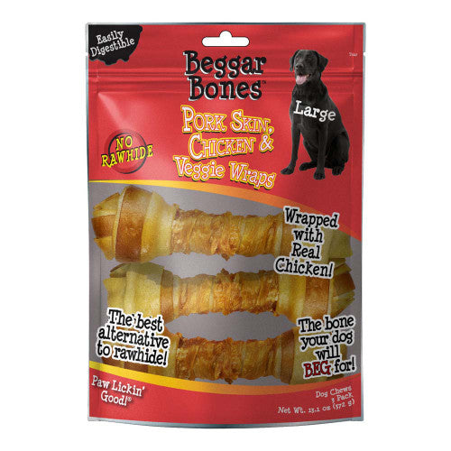 Savory Prime Beggar Bones Pork Skin Chicken & Veggie Wraps Dog Treats LG 3 pk