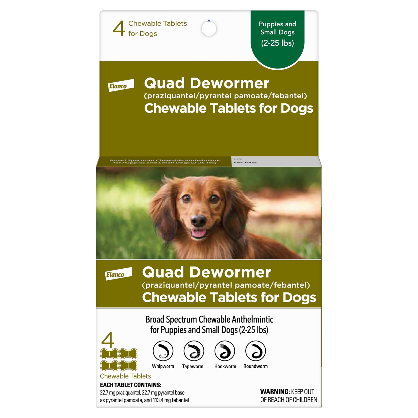 Elanco Chewable Quad Dewormer for Dogs 4 tablets SmallDogs (2-25 Lbs) 724089113351