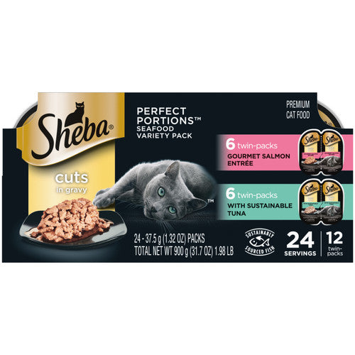 Sheba Perfect Portions Cuts in Gravy Wet Cat Food Variety Pack (Gourmet Salmon Sustainable Tuna) 2.6oz 12pk