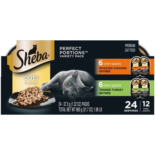 Sheba Perfect Portions Cuts in Gravy Wet Cat Food Variety Pack (Roasted Chicken Tender Turkey) 2.6oz 12pk