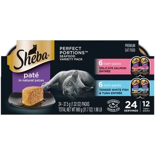 Sheba Perfect Portions Pate Wet Cat Food Variety Pack (Delicate Salmon Tender Whitefish & Tuna) 2.6oz 12pk