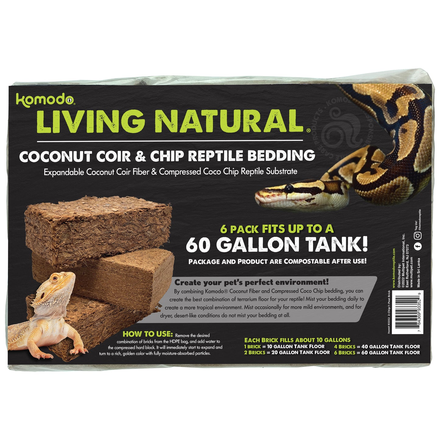 Komodo Living Natural Coconut Coir & Chip Reptile Bedding Brick 3 pk 784369933529