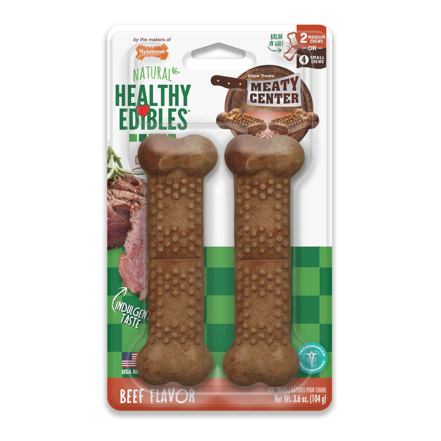Nylabone Healthy Edibles Meaty Center All-Natural Long Lasting Chew Treats Beef Medium (2 ct) 018214853831