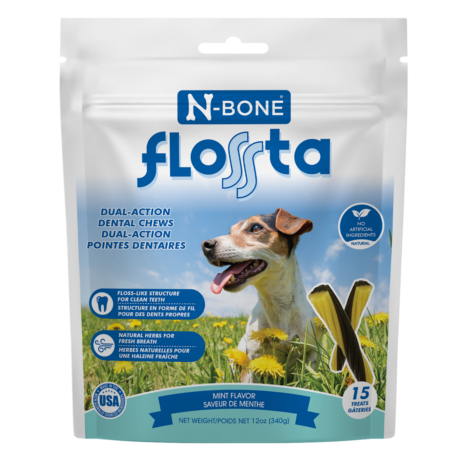 N-Bone Flossta Dual Action Dog Dental Chew Mint 15 ct, 12 oz 657546802485