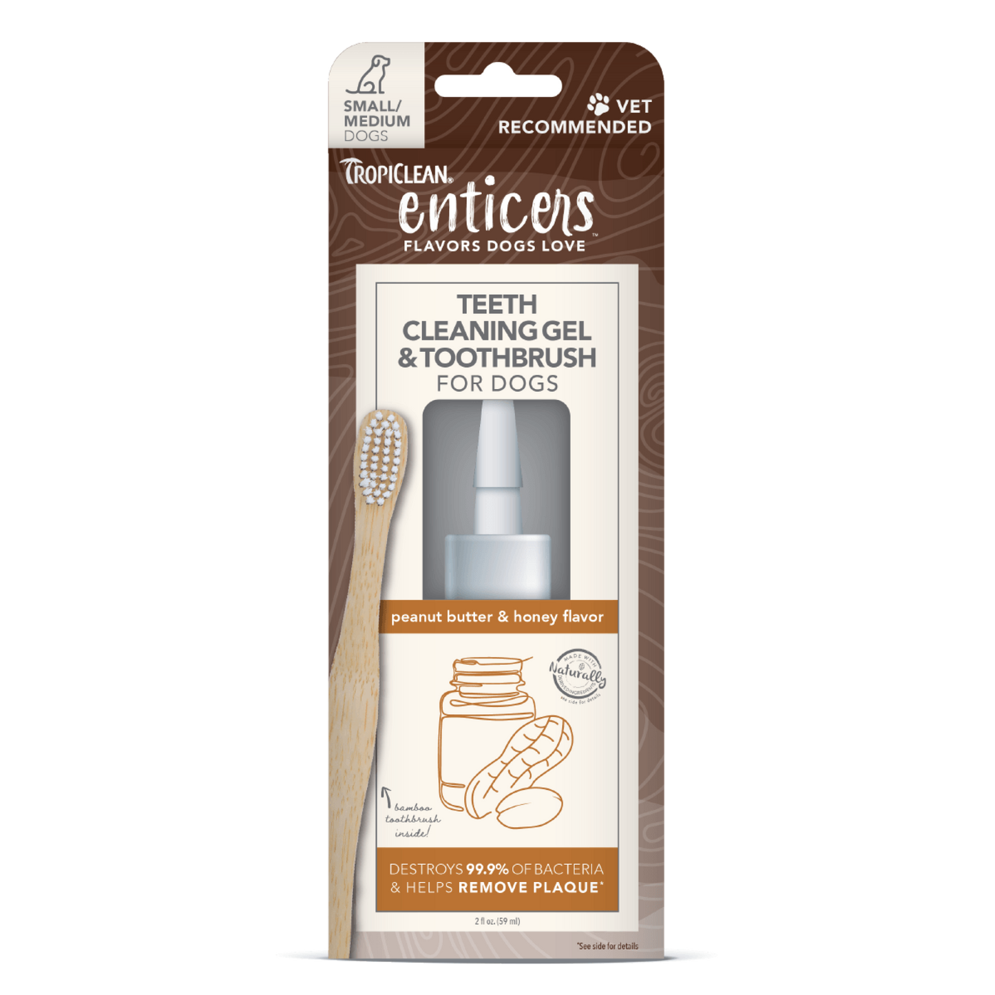 TropiClean Enticers Teeth Cleaning Gel & Toothbrush for Dogs Peanut Butter & Honey 2 oz, Small/Medium 645095004535