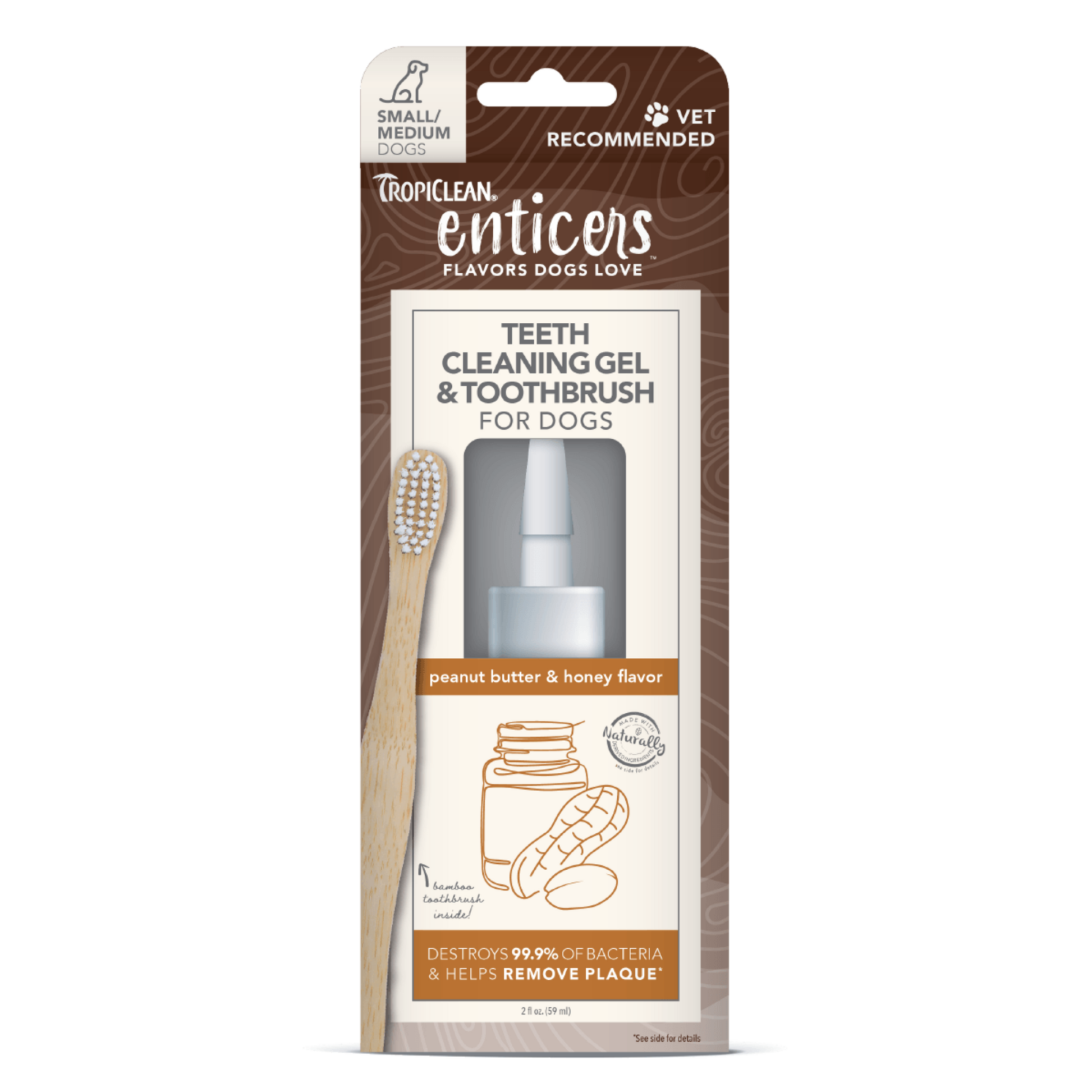 TropiClean Enticers Teeth Cleaning Gel & Toothbrush for Dogs Peanut Butter & Honey 2 oz, Small/Medium 645095004535