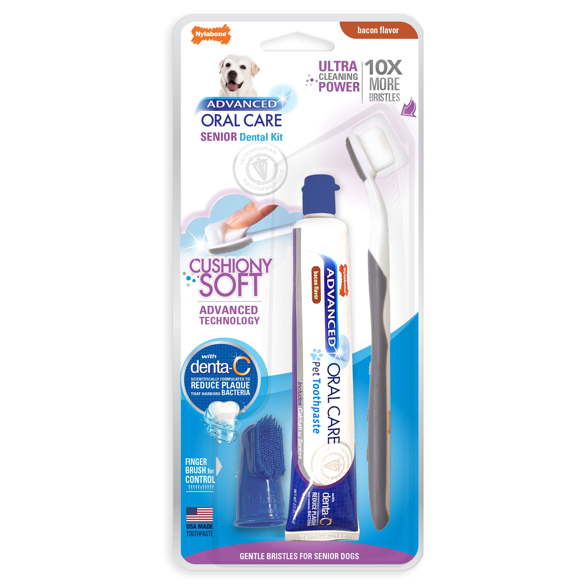 Nylabone Advanced Oral Care Senior Dog Dental Kit with Cushiony Soft-Bristle Toothbrush Bacon 2.5 oz (3 ct) 018214852957