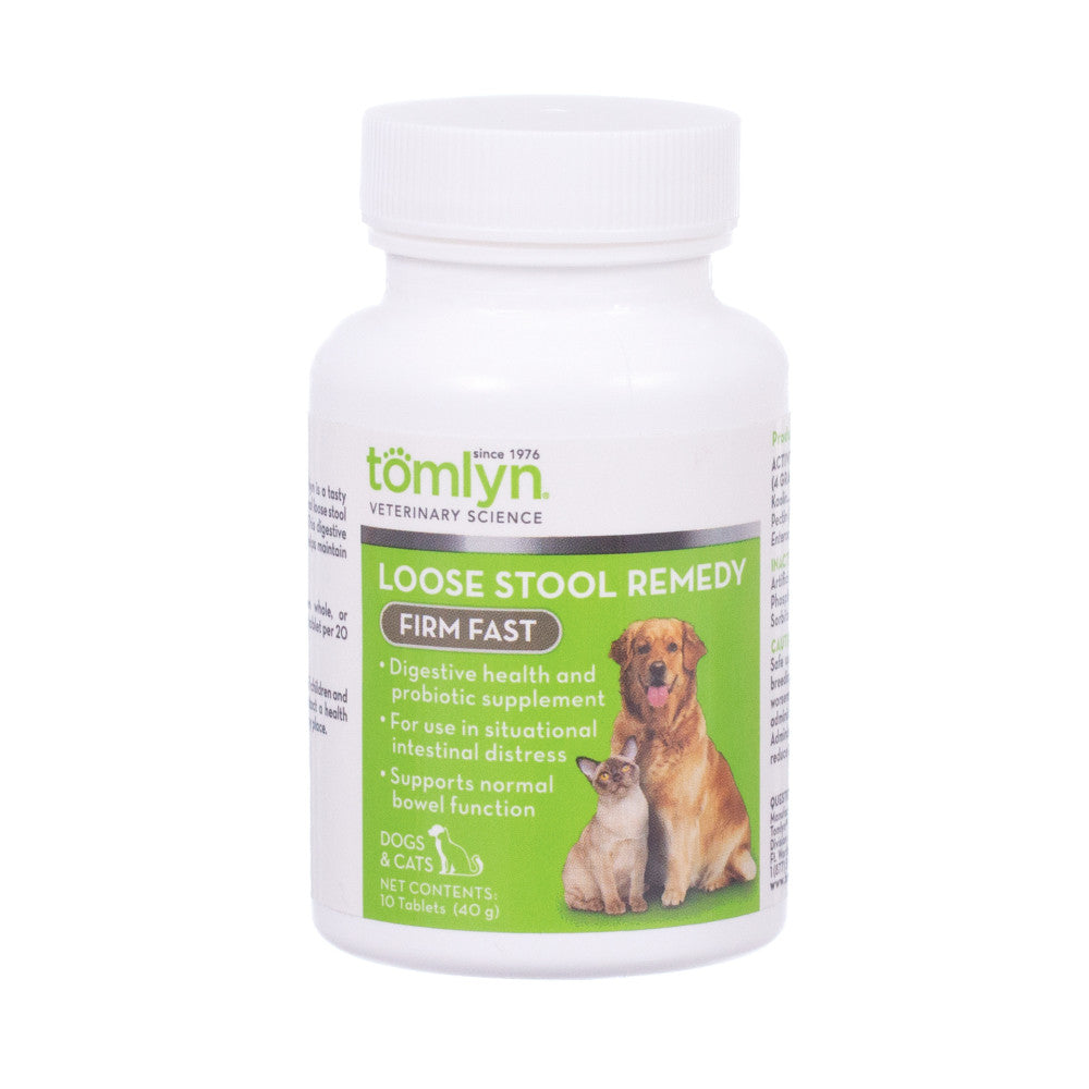 Tomlyn's Loose Stool Remedy ?? Firm Fast for dogs and cats helps owners manage occasional loose stools. Pet parents should anticipate results within 48 hours. It supports pets with loose stools in several ways. It contains ingredients that help absorb water from loose stools, soothes the intestinal lining, and slow intestinal motility. Additionally, it contains a probiotic that helps displace harmful bacteria and supports the body's immune defenses. The product can be used once loose stools are seen or ahe