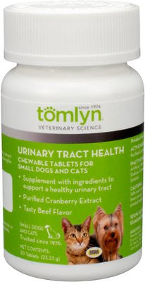 Dogs and cats helps maintain normal urinary tract function and healthy waste elimination. Pets that are stressed, urinating in the house, or outside the litter box may benefit from daily use of Tomlyn's Urinary Tract Health. Additionally, pet parents who notice more urine in the litter box or find their dog asking to go outside more frequently may find the product helpful. The product contains compounds from cranberry extract that help keep bacteria from sticking to the lining of the urinary tract. The body