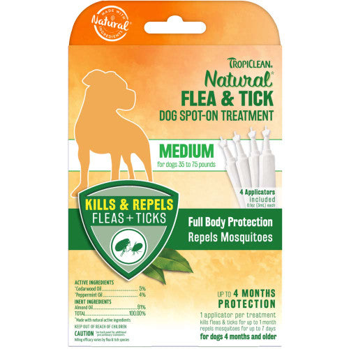 TropiClean Natural Flea & Tick Spot On Treatment for Dogs 0.4 fl. oz 4 Count - Dog
