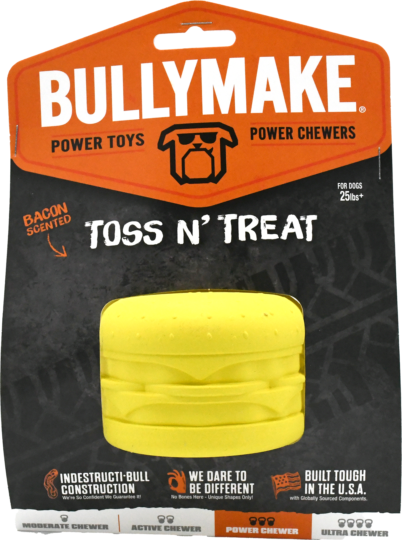BullyMake Toss n' Treat Flavored Dog Chew Toy Cheeseburger Bacon 669125001615