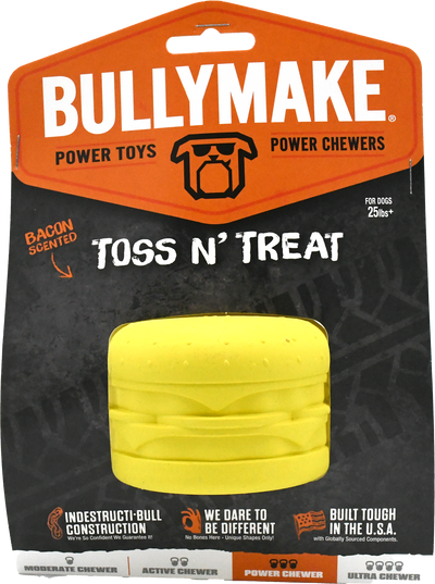 BullyMake Toss n' Treat Flavored Dog Chew Toy Cheeseburger Bacon 669125001615