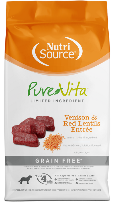 NutriSource PureVita LID Grain Free Dry Dog Food Venison & Red Lentils Entrée 4 lb 073893179047