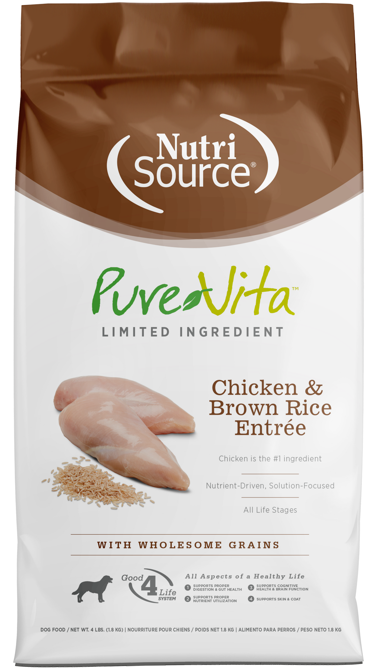 NutriSource PureVita LID Dry Dog Food Chicken & Brown Rice Entrée 4 lb 073893170044
