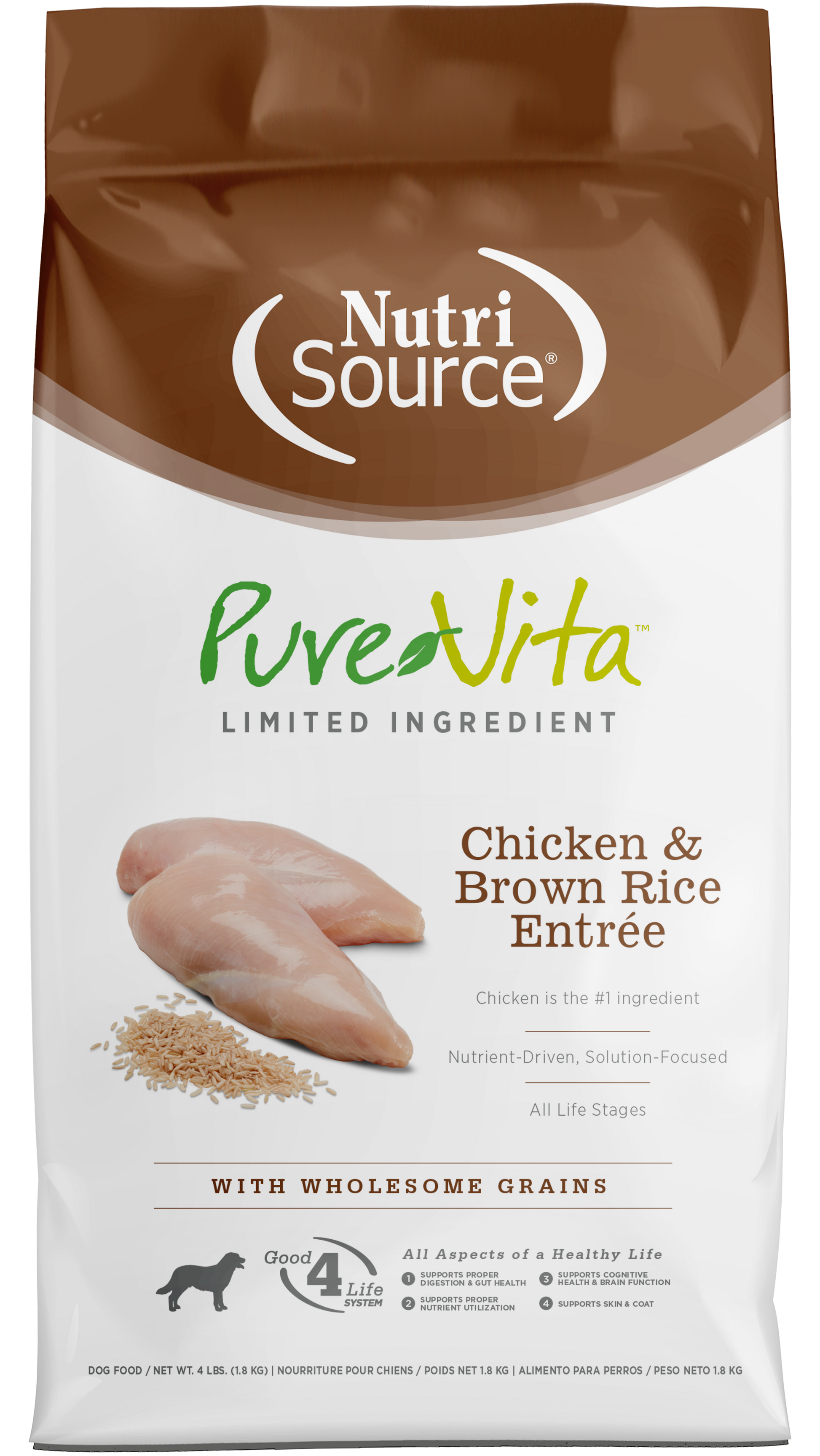 NutriSource PureVita LID Dry Dog Food Chicken & Brown Rice Entrée 4 lb 073893170044