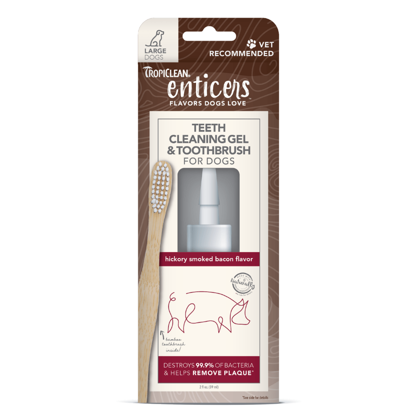 TropiClean Enticers Teeth Cleaning Gel & Toothbrush for Dogs Hickory Smoked Bacon 2 oz, Large 645095004528