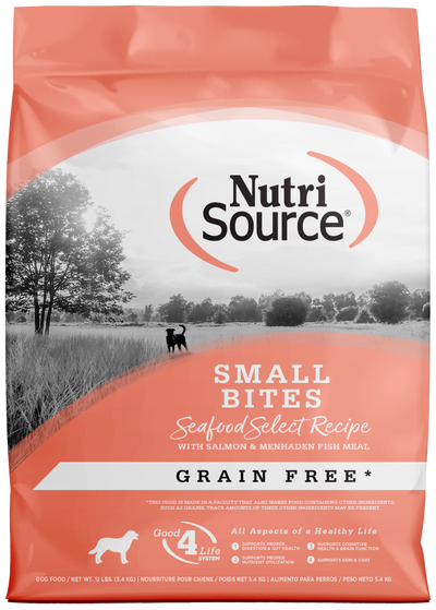 NutriSource Select Recipe Small Bites Grain Free Dry Dog Food Seafood Select 12 lb 073893430131