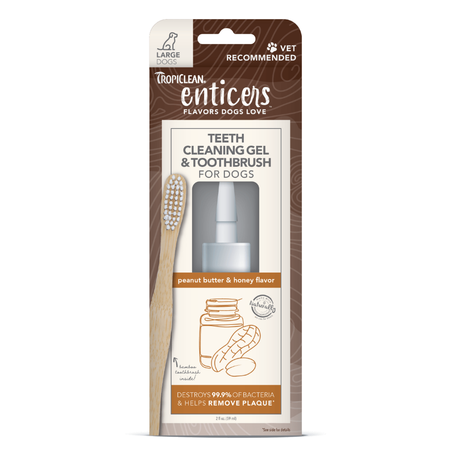 TropiClean Enticers Teeth Cleaning Gel & Toothbrush for Dogs Peanut Butter & Honey 2 oz, Large 645095004542