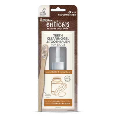 TropiClean Enticers Teeth Cleaning Gel & Toothbrush for Dogs Peanut Butter & Honey 2 oz, Large 645095004542