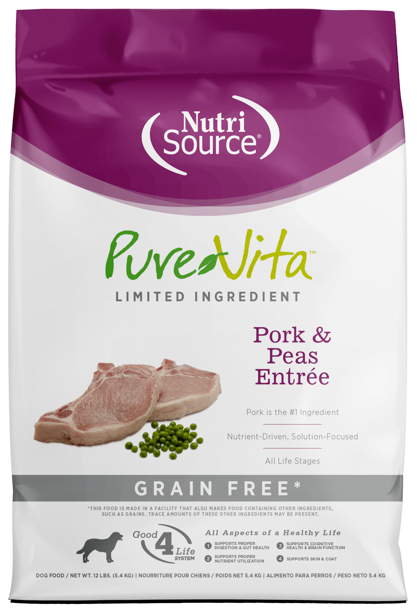 NutriSource PureVita LID Grain Free Dry Dog Food Pork & Peas Entrée 12 lb 073893183518