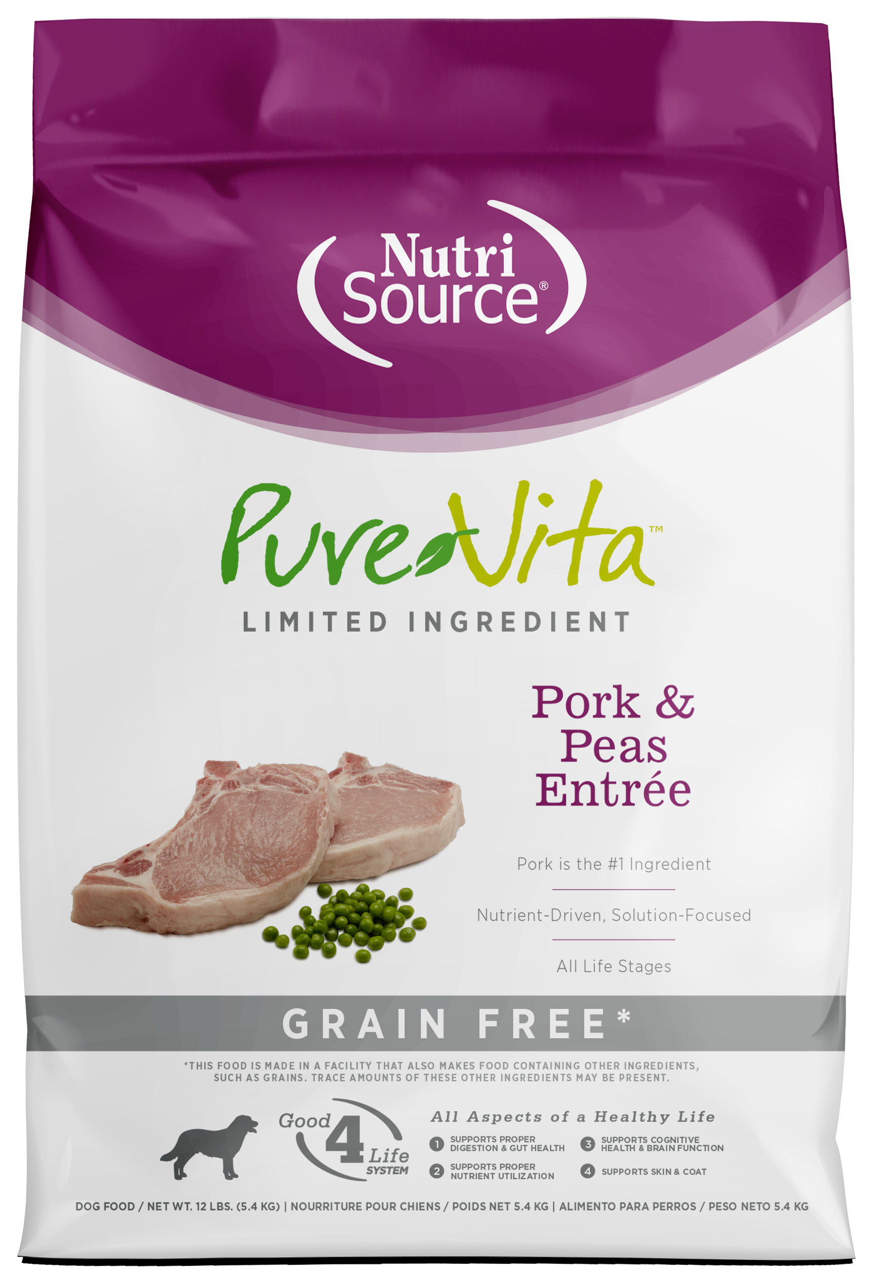 NutriSource PureVita LID Grain Free Dry Dog Food Pork & Peas Entrée 12 lb 073893183518