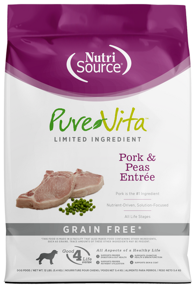 NutriSource PureVita LID Grain Free Dry Dog Food Pork & Peas Entrée 12 lb 073893183518