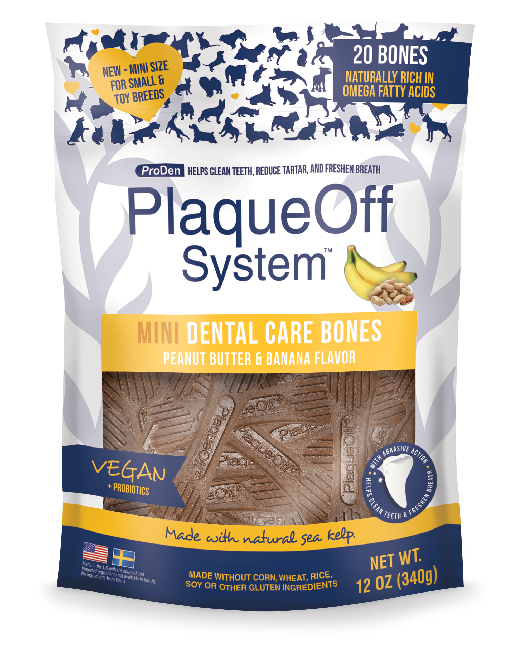 NaturVet Proden PlaqueOff System Dental Care Mini Dog Bones Peanut Butter & Banana 20 ct 752830880764