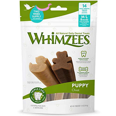 WHIMZEES puppy treats are designed to help clean teeth and reduce plaque and tartar through your pup's chewing action. A natural, healthy introduction to daily dental care, our puppy treats are softer than our adult WHIMZEES Stix and come in 2 fun shapes your pup is sure to love!