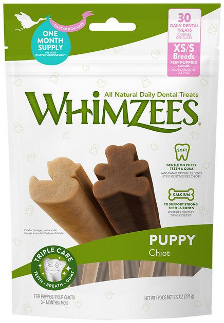 WHIMZEES puppy treats are designed to help clean teeth and reduce plaque and tartar through your pup's chewing action. A natural, healthy introduction to daily dental care, our puppy treats are softer than our adult WHIMZEES Stix and come in 2 fun shapes your pup is sure to love!