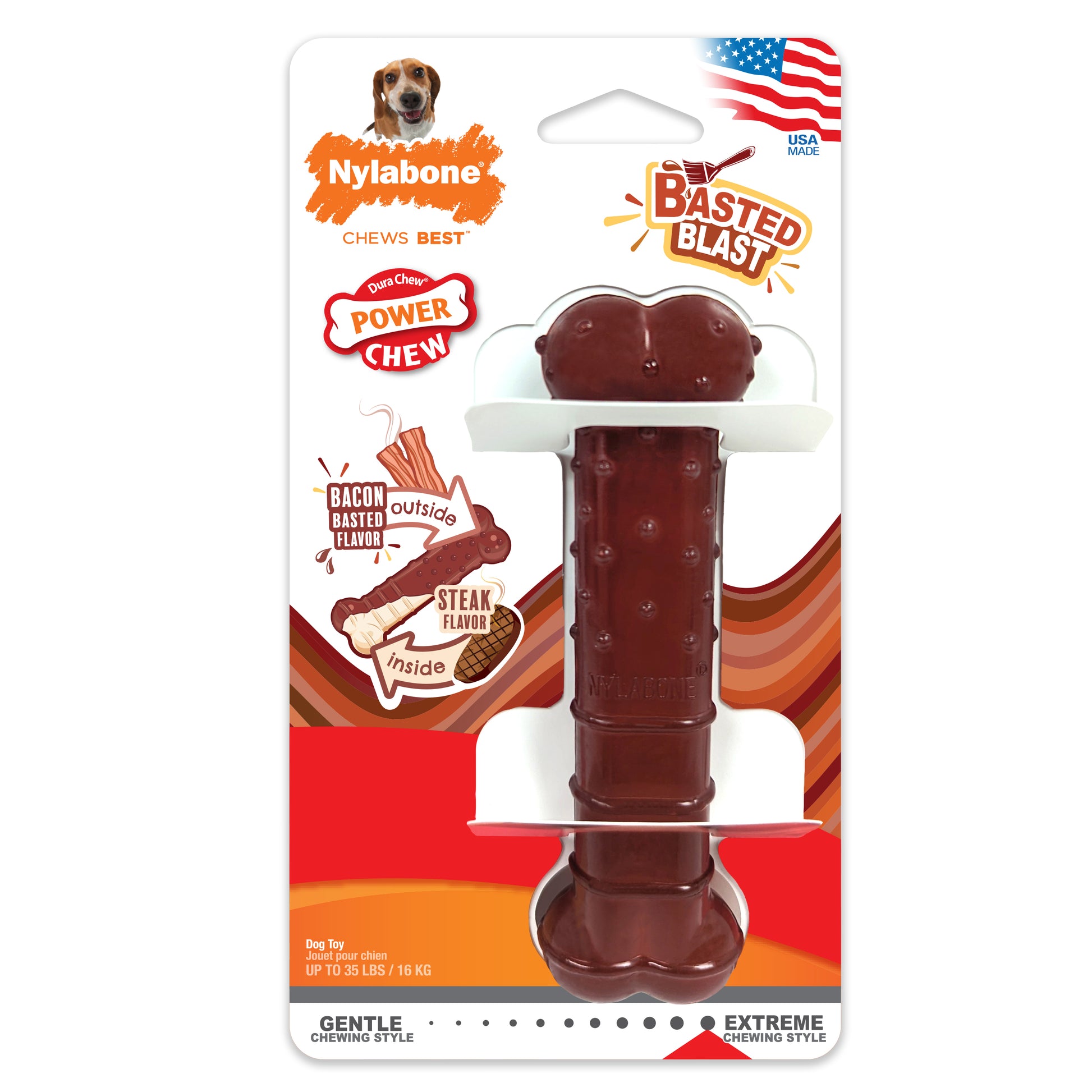 Nylabone Power Chew Basted Blast Textured Bone Dog Chew Toy Bacon & Steak Medium (1 ct) 018214854128