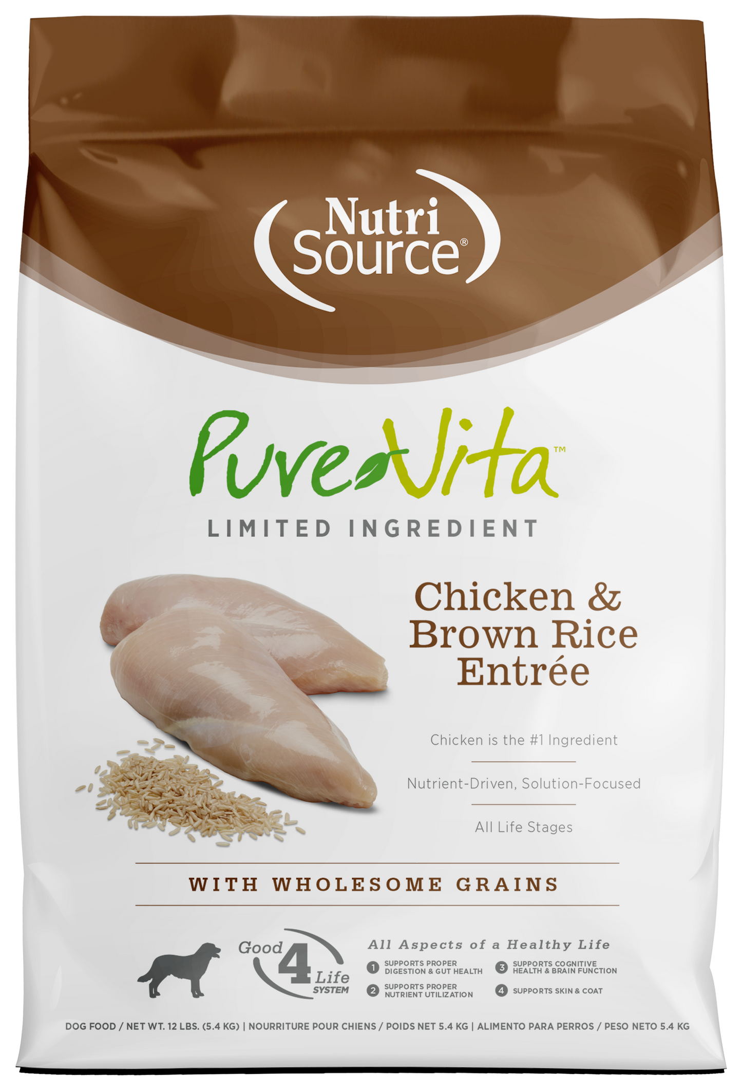 NutriSource PureVita LID Dry Dog Food Chicken & Brown Rice Entrée 12 lb 073893170037