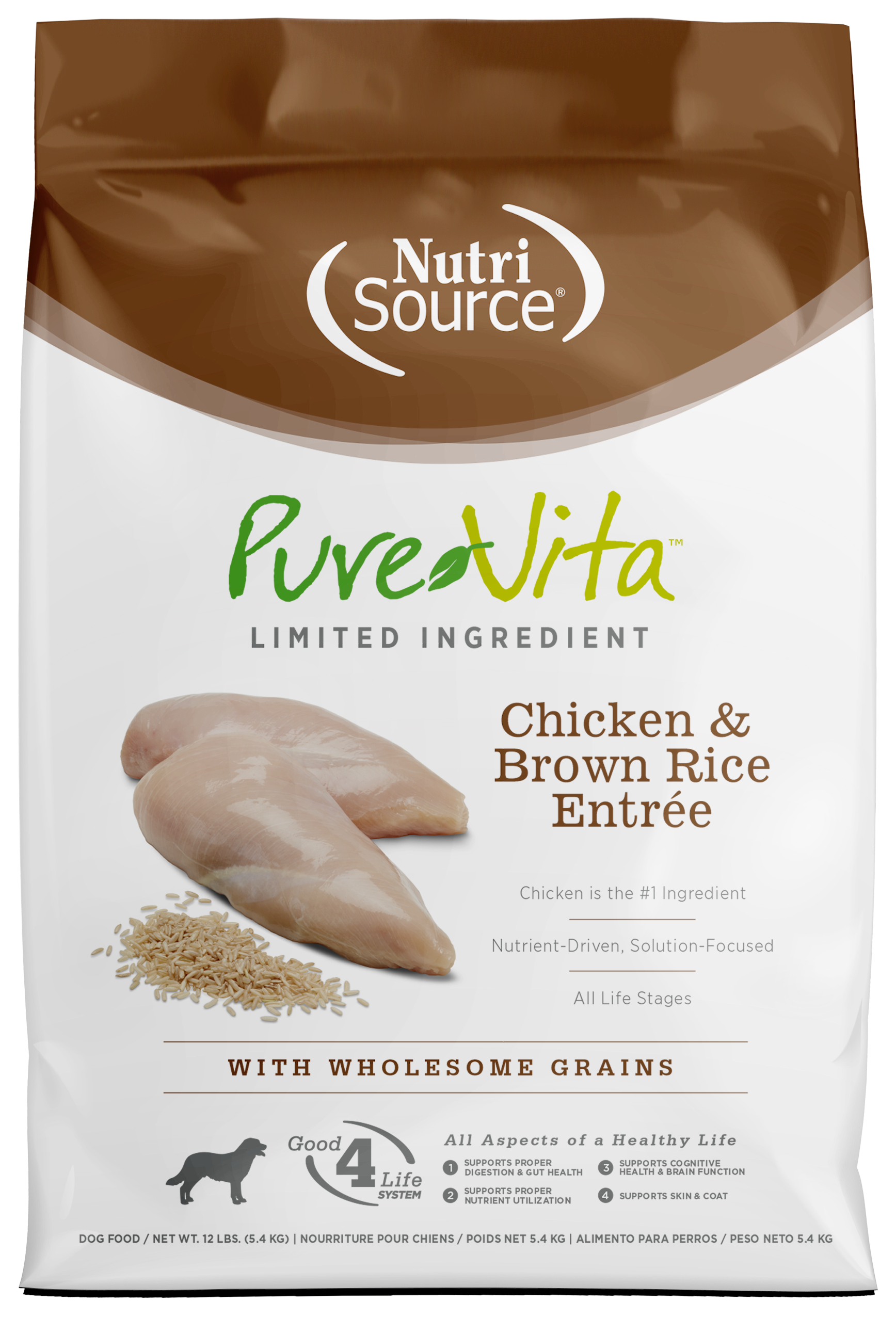 NutriSource PureVita LID Dry Dog Food Chicken & Brown Rice Entrée 12 lb 073893170037