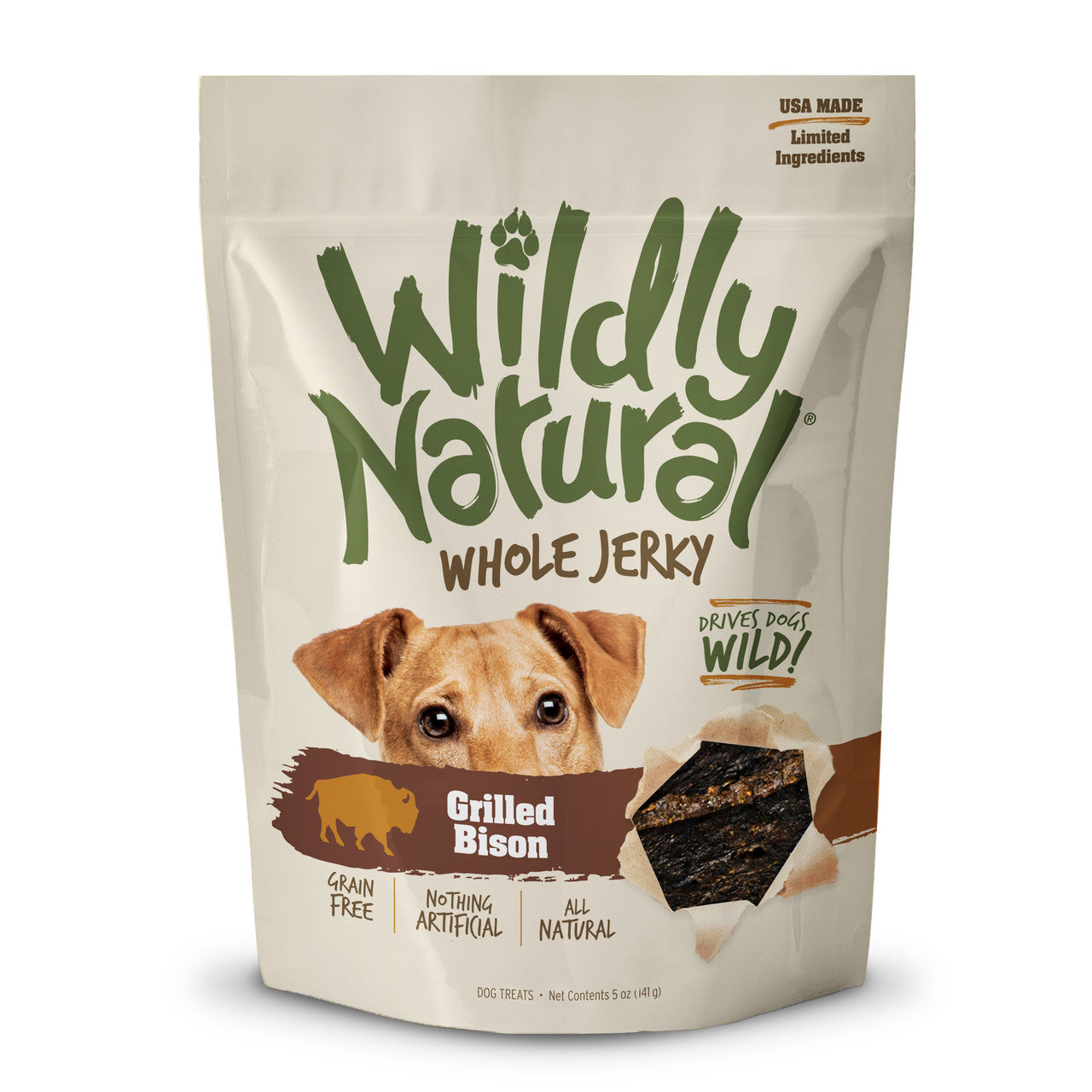 Wildly Natural Whole Jerky Strips Grain-Free Dog Treats Grilled Bison 5oz