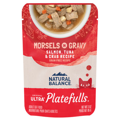 Natural Balance Pet Foods Original Ultra Platefulls Morsels in Gravy Wet Cat Food Pouch Salmon, Tuna, & Crab -  24pk/3 oz