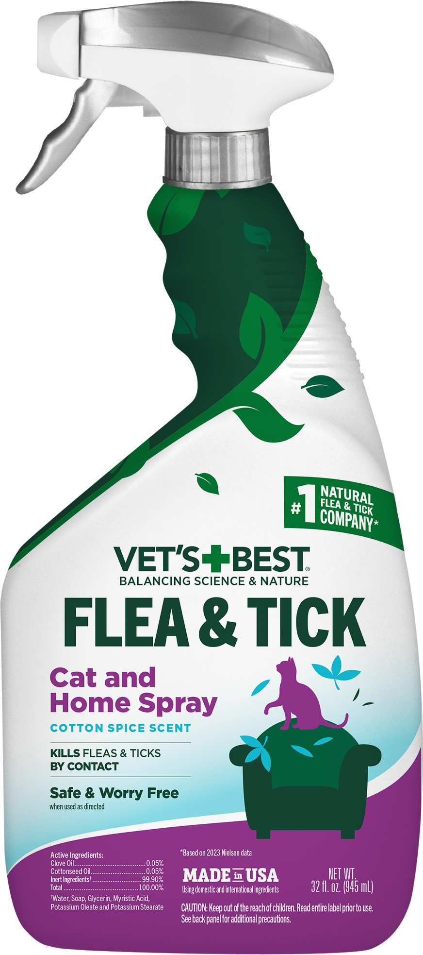 Vet's Best Flea & Tick Cat and Home Spray Cotton Spice Scent 32 oz 010279001325