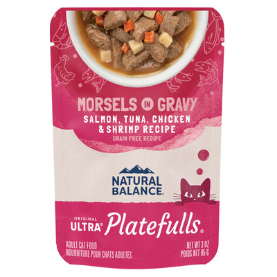 Natural Balance Pet Foods Original Ultra Platefulls Morsels in Gravy Wet Cat Food Pouch Salmon, Tuna, Chicken & Shrimp - 24pk/3 oz